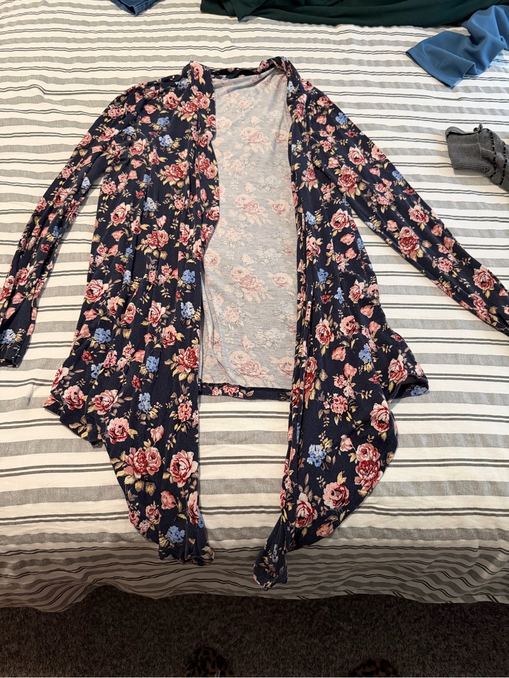 Navy Floral Open-Front Women's Cardigan Size L